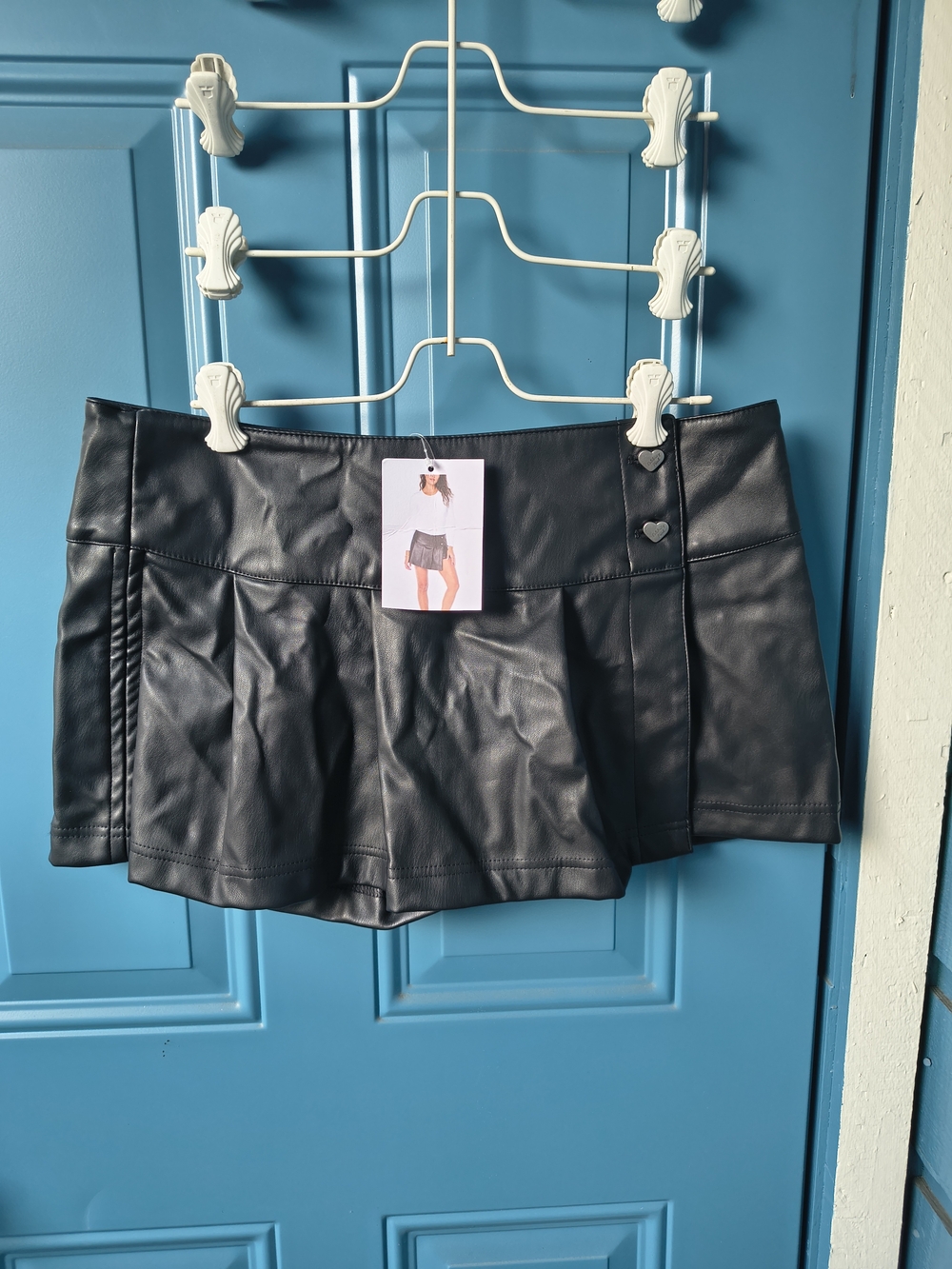 Celebrity Pink Black Faux Leather Pleated Skort with Heart Buttons
